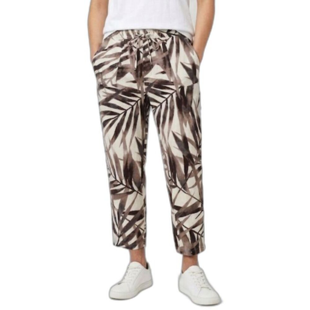 NYCC Women's Ivory Brown Linen Blend Palm Print Elastic Waist Crop Pants Size 12